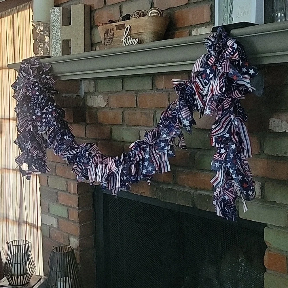USA Patriotic Fabric Rag Tied Garland Stars Stripes American Flags